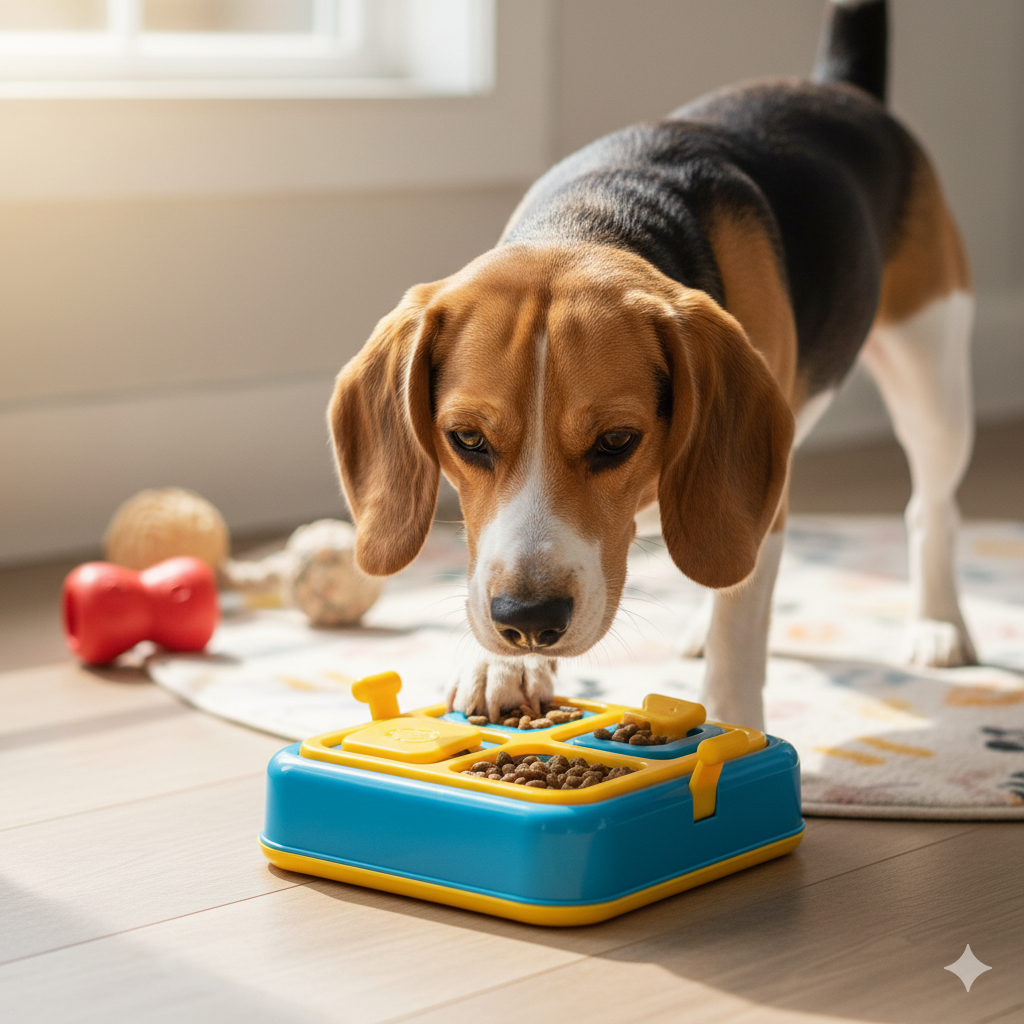 Cão interagindo com brinquedo de enriquecimento ambiental