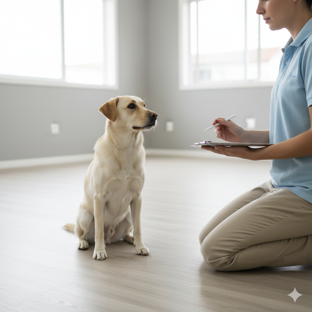 Cuidador avaliando um cão com uma prancheta