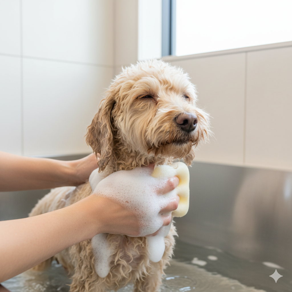 Cão tomando banho e sendo cuidado